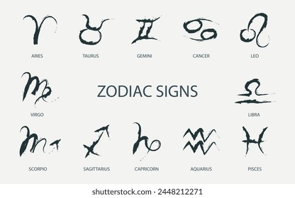 Set of astrological zodiac signs. Aries, taurus, leo, gemini, virgo, scorpio, libra, aquarius, sagittarius, pisces, capricorn, cancer vector symbols. horoscope signs vector illustration