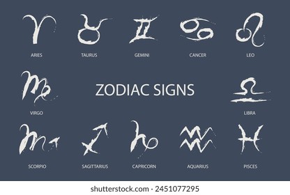 Set of astrological zodiac signs. Aries, taurus, leo, gemini, virgo, scorpio, libra, aquarius, sagittarius, pisces, capricorn, cancer vector symbols. horoscope signs vector illustration