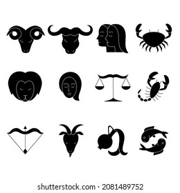 Set of astrological zodiac signs icons. Silhouettes of Aries, taurus, gemini, cancer, leo, virgo, libra, scorpio,  sagittarius,  capricorn, aquarius, pisces. Vector illustration.