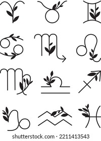 Set of astrological zodiac signs with leaves. Vector icons

