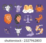Set of astrological zodiac signs. Libra, Pisces, Cancer, Virgo, Sagittarius, Leo and Scorpio. Astrology and astronomy, esoterics. Cartoon flat vector collection isolated on violet background