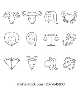 Set of astrological zodiac signs line icons. Aries, taurus, gemini, cancer, leo, virgo, libra, scorpio,  sagittarius,  capricorn, aquarius, pisces. Vector illustration.