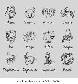 Set of astrological zodiac symbols. Horoscope signs. Sketch style. Vector Illustration.