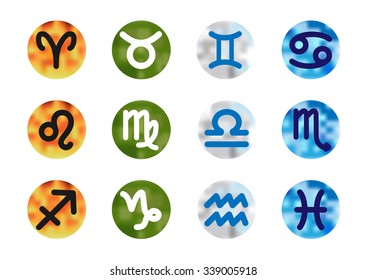 Set of Astrological Zodiac Symbols on Blurred Round Background. Vector illustration EPS10