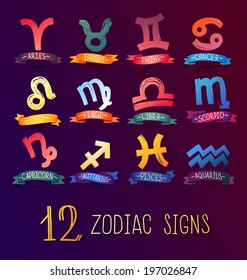 Set of astrological zodiac symbols with ribbons.