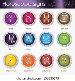 Set of astrological zodiac symbols.Horoscope signs on colorful badges