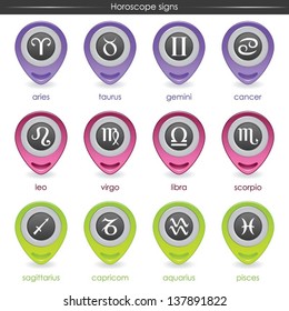 Set of astrological zodiac symbols.Horoscope signs on colorful buttons