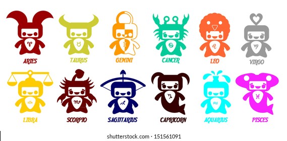Set of astrological zodiac symbols.Horoscope signs, cute  design in different colors.