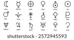 Set astrology and astronomy planet symbols. Outline icons, set of symbols for horoscope.Mystic planetary signs and symbols of ancient astrology and astronomy.   Simple alchemy icons, glyphs of planets