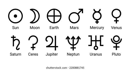 Set astrology and astronomy planet symbols. Outline icons, isolated on white background. Simple alchemy icons, glyphs of planets. Mystic planetary signs and symbols of ancient astrology and astronomy.