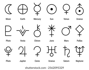 Set astrology and astronomy planet symbols. Outline icons, set of symbols for horoscope. sun, moon, mercury, Venus, mars, Jupiter, Saturn, Uranus, Neptune, Pluto, earth, vesta, Mystic planetary signs.