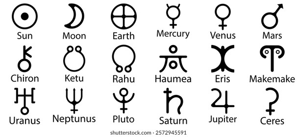 Set astrology and astronomy planet symbols. Outline icons, set of symbols for horoscope.Mystic planetary signs and symbols of ancient astrology and astronomy.   Simple alchemy icons, glyphs of planets