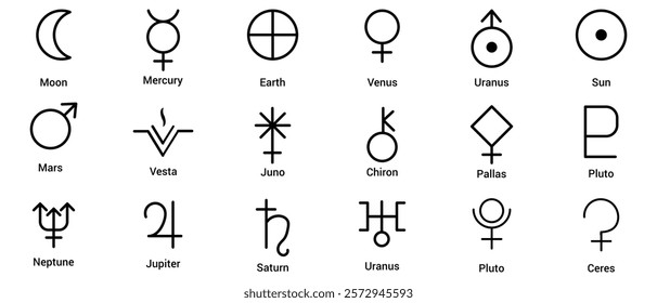 Set astrology and astronomy planet symbols. Outline icons, set of symbols for horoscope.Mystic planetary signs and symbols of ancient astrology and astronomy.   Simple alchemy icons, glyphs of planets