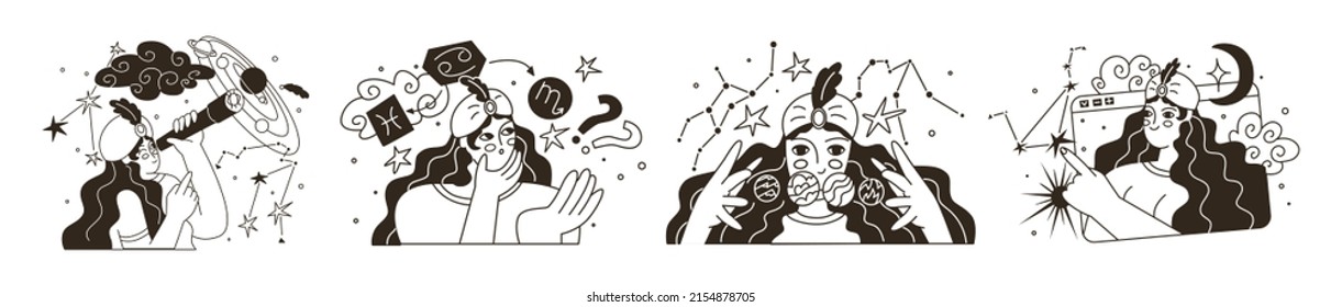 Set. Astrology and business concept. Drawing up a horoscope according to the natal chart. Consultation of clients according to the sign of the zodiac. Flat style in vector illustration. 