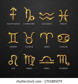 Set of astrology golden zodiac signs on dark black background. Vector illustration