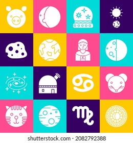 Set Astrology horoscope circle, Rat zodiac, Eclipse of the sun, Magic ball, Planet Earth, Asteroid, Pig and woman icon. Vector