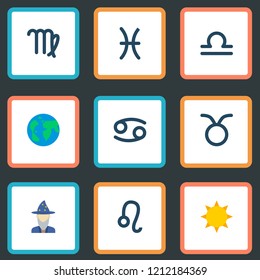 Set of astrology icons flat style symbols with sun, cancer, leo and other icons for your web mobile app logo design.