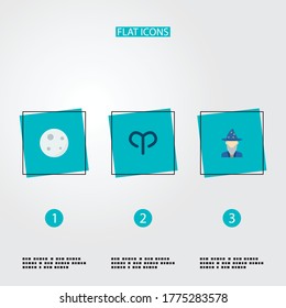 Conjunto de iconos de astrología símbolos de estilo plano con ario, luna, astrólogo y otros iconos para el diseño del logo de tu aplicación móvil web.