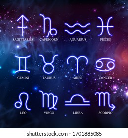 Conjunto de signos astrológicos de neón zodiaco en el fondo del espacio ultraterrestre. Ilustración del vector