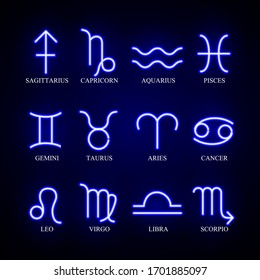 Set of astrology neon zodiac signs. Vector illustration