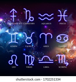 Set of astrology neon zodiac signs on outer space background. Vector illustration