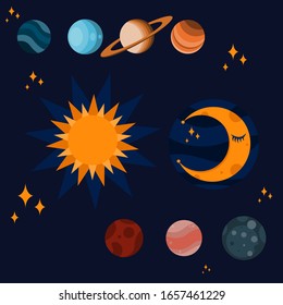 Set of astrology vector flat icons. Galaxy collection. Space design elements as sun, crescent moon, stars, planets of solar system (mars, venus, mercury, pluto, neptune, jupiter, saturn)