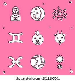 Set Astrology Woman, Eclipse Of The Sun, Milky Way Spiral Galaxy, Gemini Zodiac, Rooster, Aries, Pisces And Planet Mercury Icon. Vector