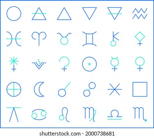 Set of Astrology and zodiac sign Icon line style. Contains such Icons as planets, asteroids, earth, luna, mercury, venus, aries, taurus, gemini, aspects And Other Elements. 