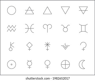 Set of Astrology and zodiac sign line style. It contains such Icons as planets, asteroids, earth, luna, mercury, venus, aries, taurus, gemini, aspects and other elements. customize color, easy resize.