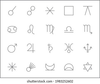 Set of Astrology and zodiac sign line style.  It contains such Icons as planets, asteroids, earth, trine, square, ether, cancer, leo, virgo, libra, aspects and other elements. 