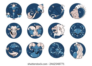 Set of astrology or zodiac sign. Vector horoscope symbol in space. Pisces and libra, aquarius and sagittarius, aries and capricorn, cancer and gemini, scorpio and virgo, taurus and leo. Astronomy