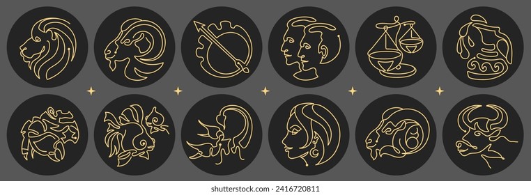 Set of astrology zodiac signs isolated on black background. Set of Zodiac icons. Vector illustration