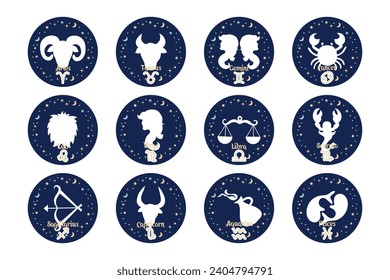 Set of astrology zodiac signs, mystical round icons. Esoteric symbols for logo or badges, vector