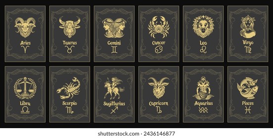 Set of astrology zodiac signs, mystical icons in vintage frames. Gold design. Esoteric symbols for logo or icons. Vector