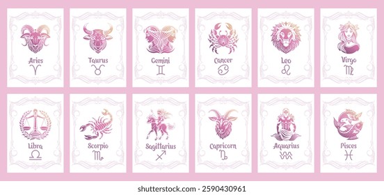 Set of astrology zodiac signs, mystical icons in vintage frames. Pastel design. Esoteric symbols for logo or icons