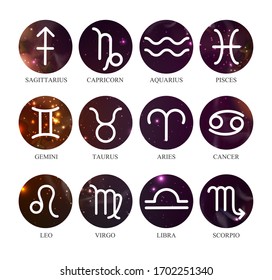 Set Of Astrology Zodiac Signs On Outer Space Background. Vector Illustration