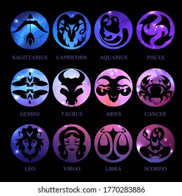 Set of astrology zodiac signs on outer space background. Vector illustration