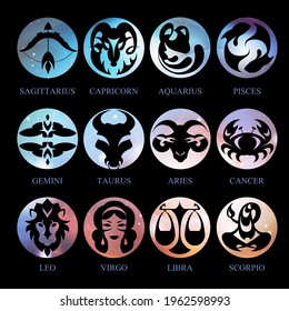 Set of astrology zodiac signs on outer space background. Vector illustration