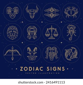 Set of astrology zodiac signs on outer space background.  Set of Zodiac icons. Vector illustration