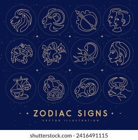 Set of astrology zodiac signs on outer space background.  Set of Zodiac icons. Vector illustration