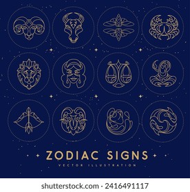 Set of astrology zodiac signs on outer space background.  Set of Zodiac icons. Vector illustration