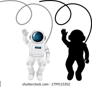 Set of astronaut characters and its silhouette on white background illustration