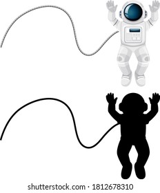 Set of astronaut characters and its silhouette on white background illustration