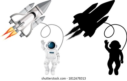 Set of astronaut characters and its silhouette on white background illustration