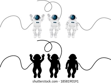 Set of astronaut characters and its silhouette on white background illustration