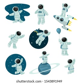 Set of astronaut discovering outer space vector illustration