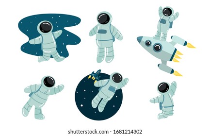 Set of astronaut discovering outer space. Vector illustration in flat cartoon style.