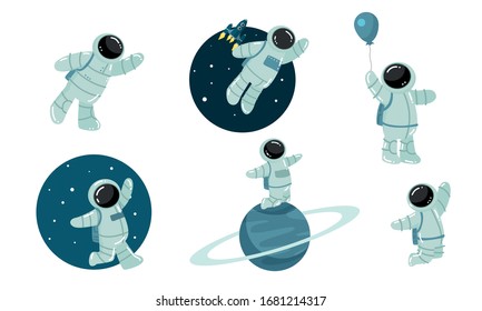 Set of astronaut discovering outer space. Vector illustration in flat cartoon style.