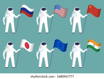Conjunto de astronautas con bandera. Ilustración vectorial. Aislado.