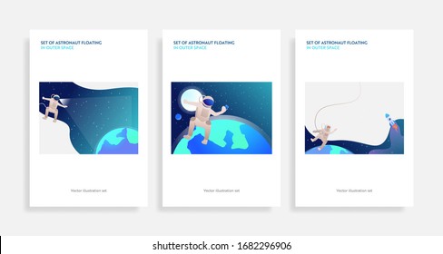 Set of astronaut floating in outer space. Flat vector illustrations of planets, rockets, taking selfie. Cosmos, exploration concept for banner, website design or landing web page